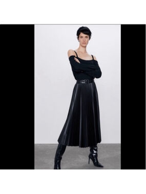Zara Black Faux Leather Flared Midi Skirt Size XS